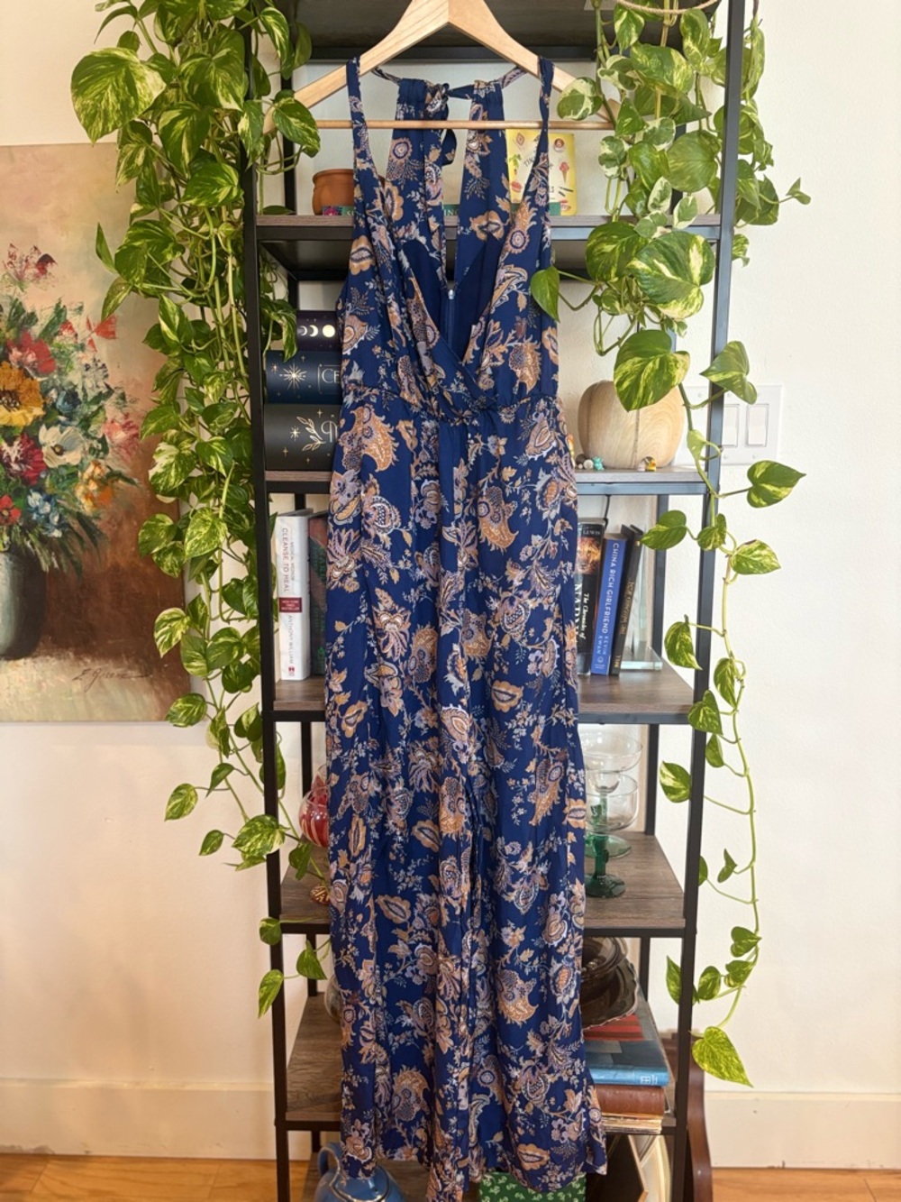 Ett: Twa by Anthropologie XS Navy Paisley Halter Jumpsuit Wide Leg